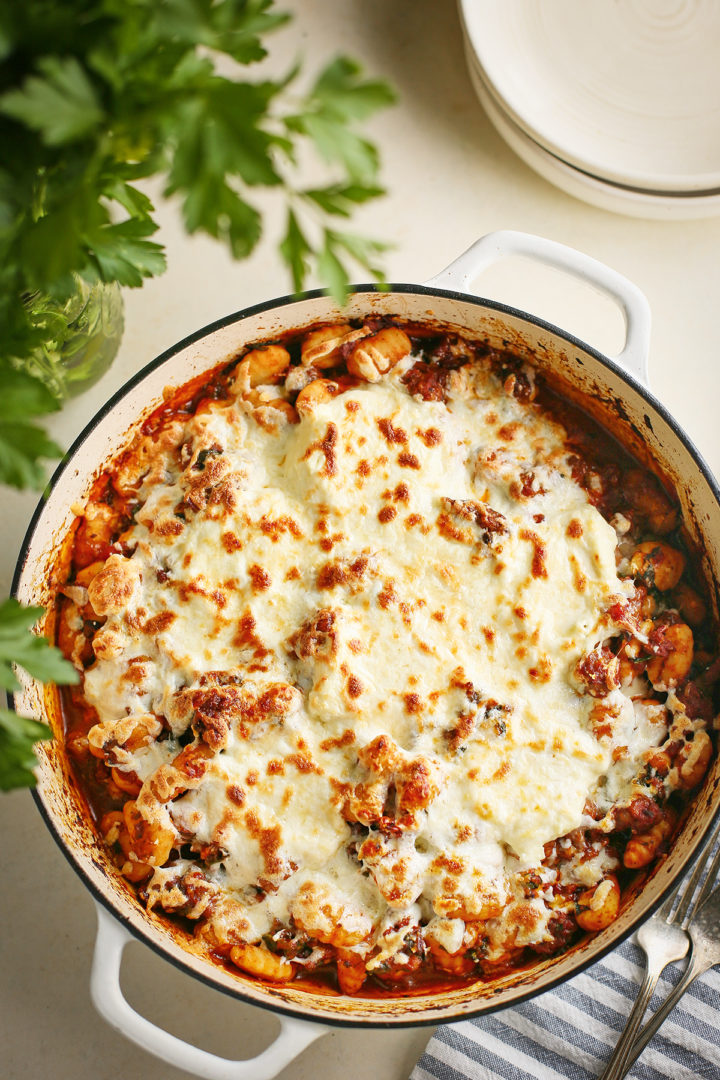 baked gnocchi in a casserole dish fresh out of the oven