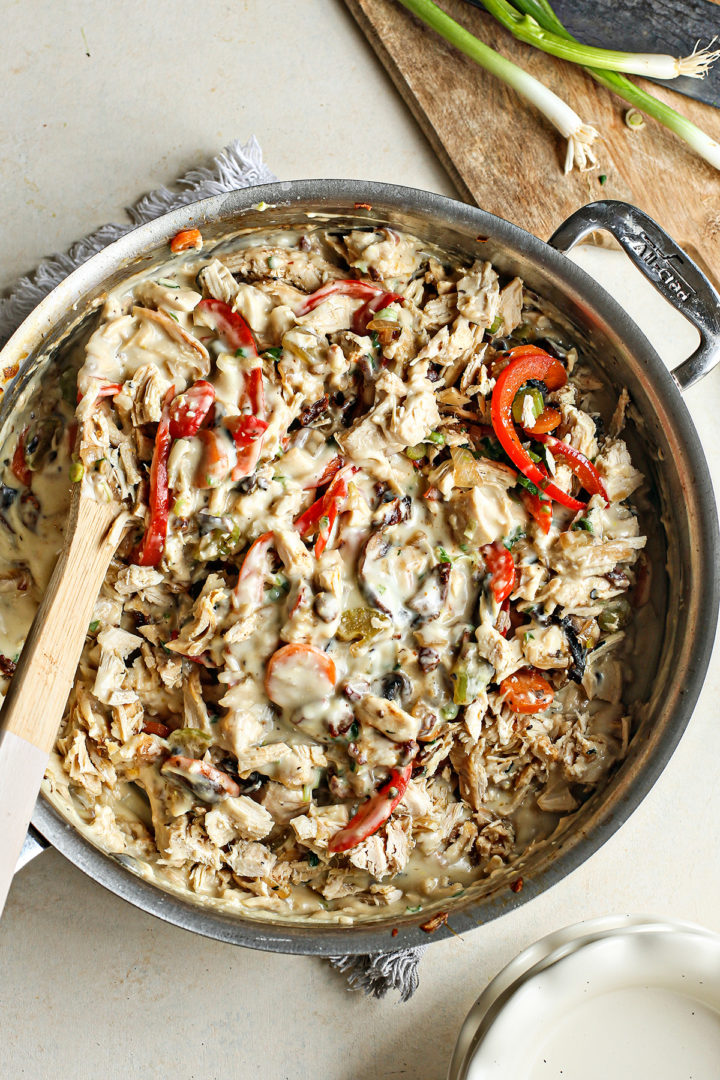 filling for a recipe for mini chicken pot pies in a saucepan