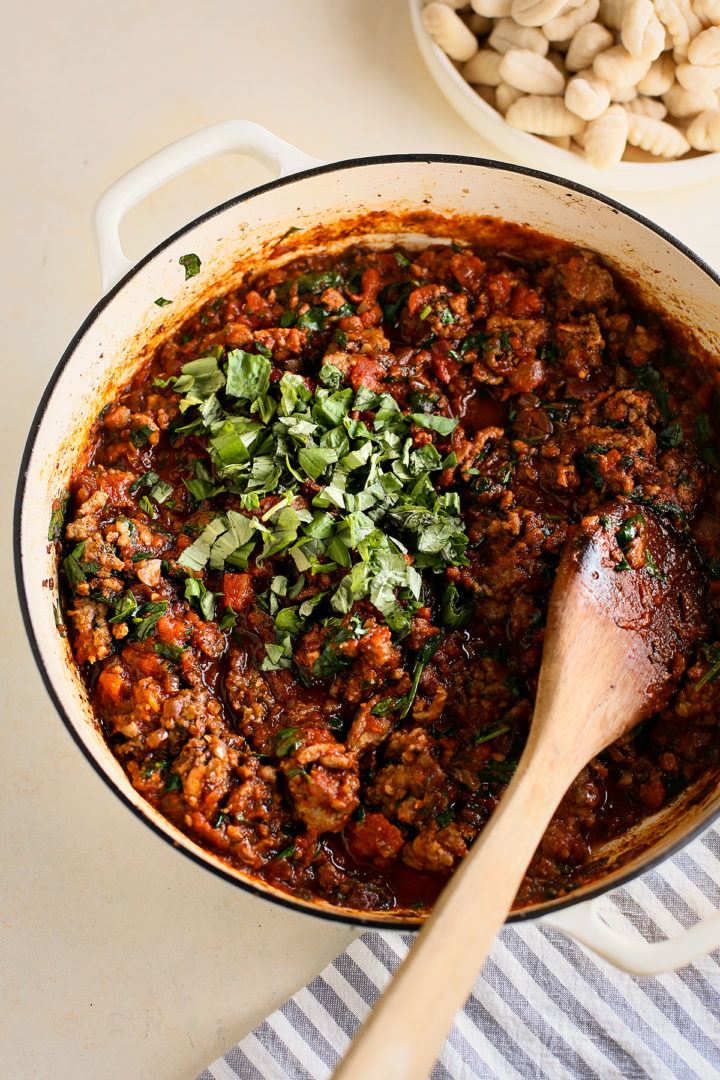 pot of sauce for making baked gnocchi