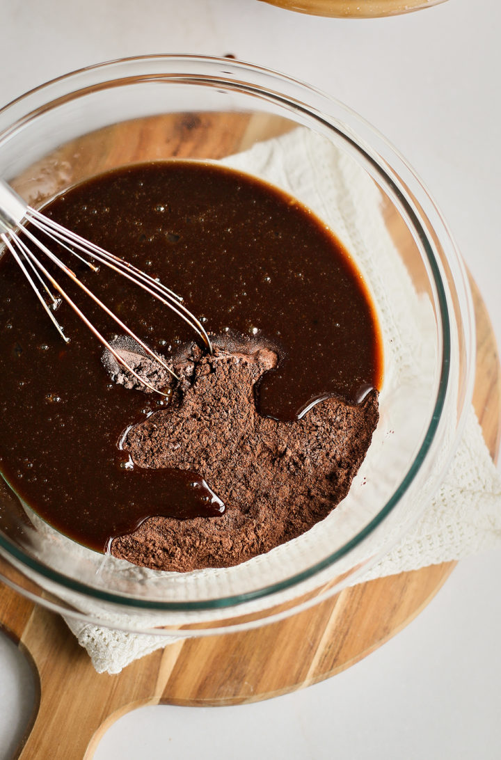 whisk stirring batter for Guinness brownie recipe
