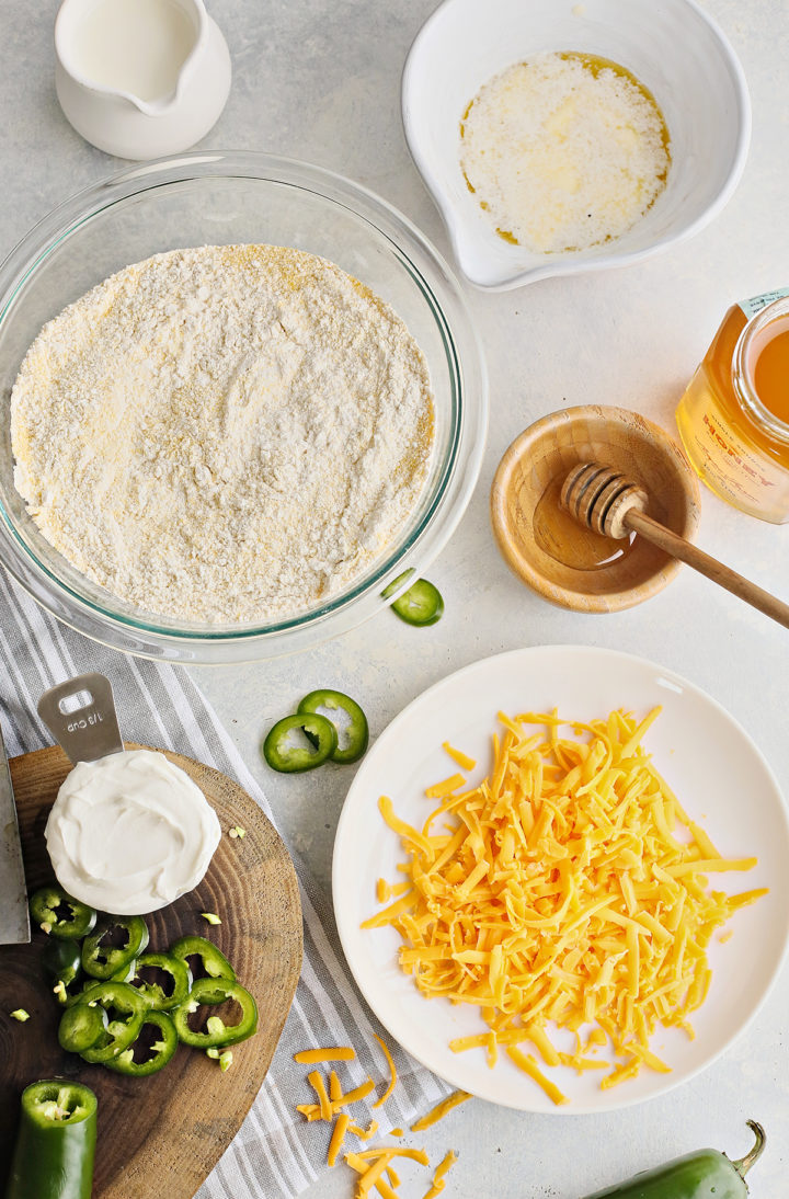 bowls of ingredients needed to make jalapeno cornbread recipe 