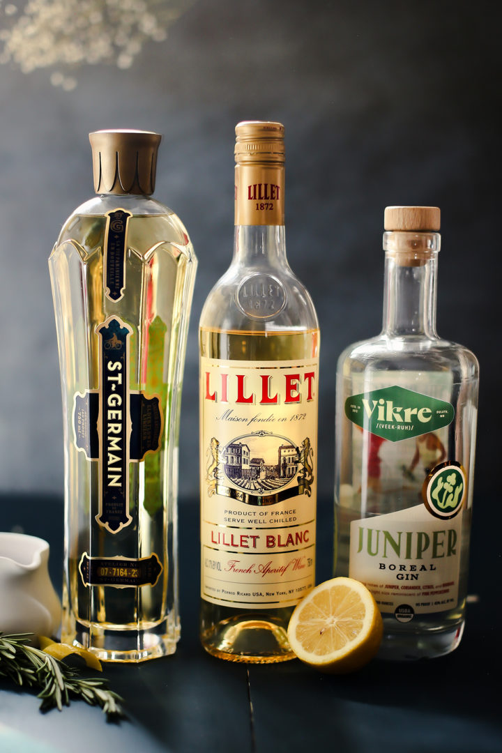 grapefruit juice, st. germain, lillet blanc, and gin - ingredients in a french blonde cocktail