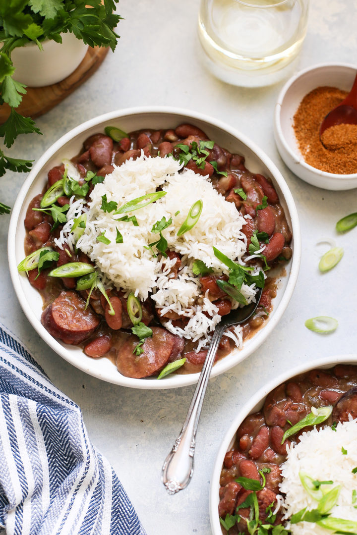 overhead photo of a bowl of authentic red beans and rice