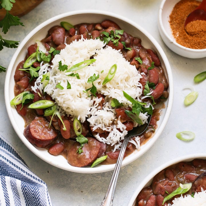 overhead photo of a bowl of authentic red beans and rice