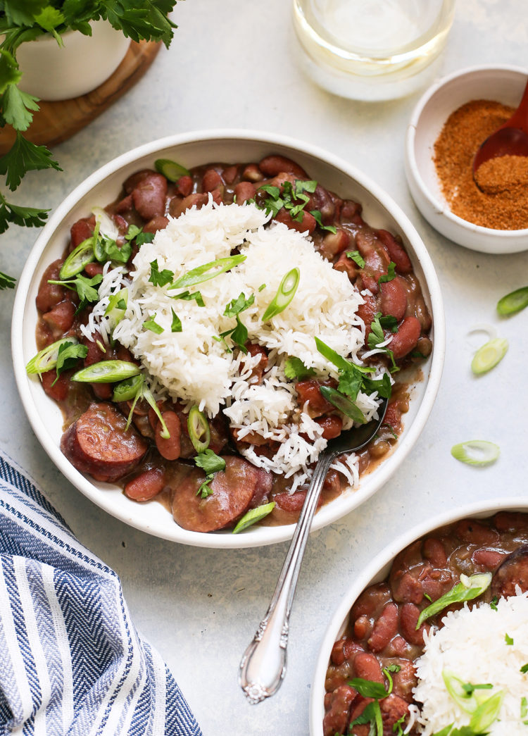 overhead photo of a bowl of authentic red beans and rice