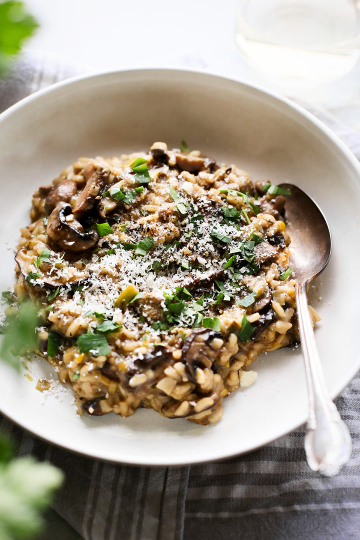 easy mushroom risotto in a white bowl