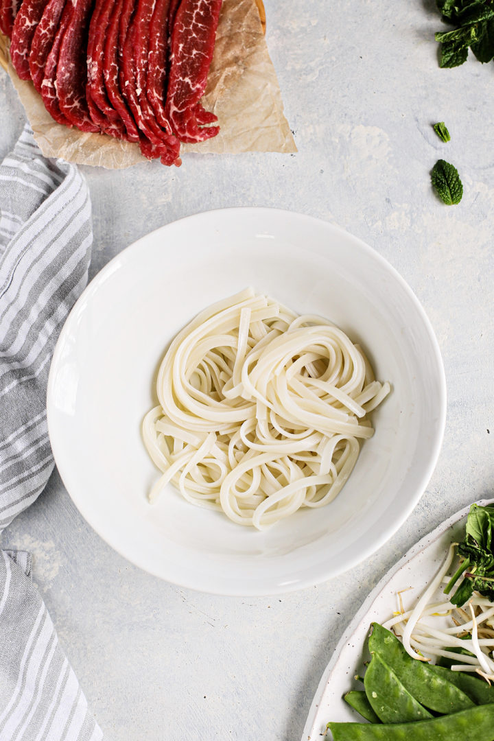 vietnamese rice noodles in a white bowl