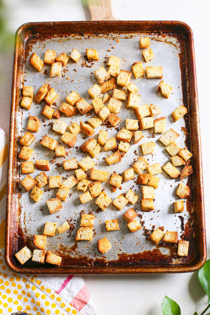 homemade sourdough crouton recipe	 on a baking sheet