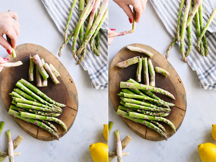 woman snapping the ends of fresh asparagus before cooking asparagus on the grill
