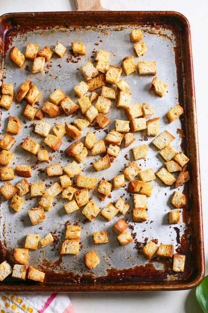 homemade garlic croutons made from sourdough bread

