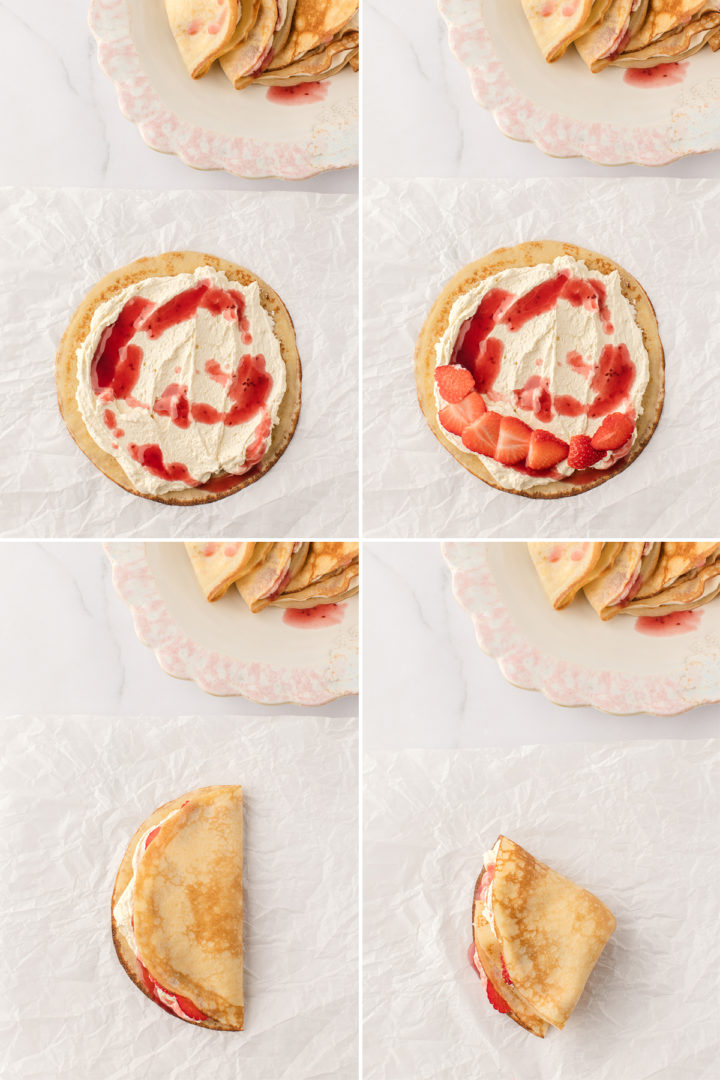 step by step photos showing how to assemble crepes with strawberry filling