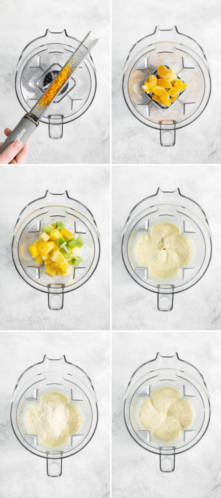 step by step photos showing how to make an orange pineapple smoothie