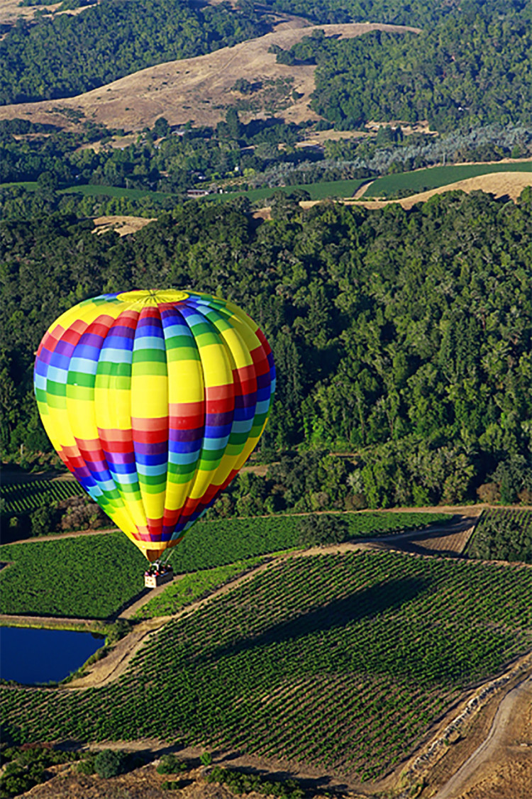 colorful hot air balloon flying over napa valley