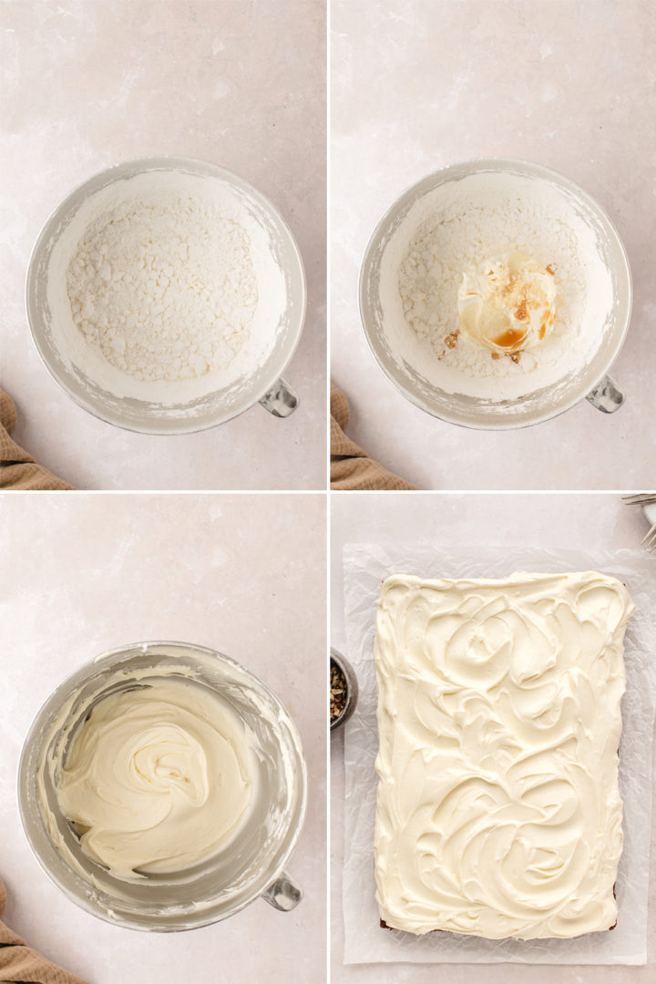 step by step photos showing how to make cream cheese frosting for carrot cake with pineapple