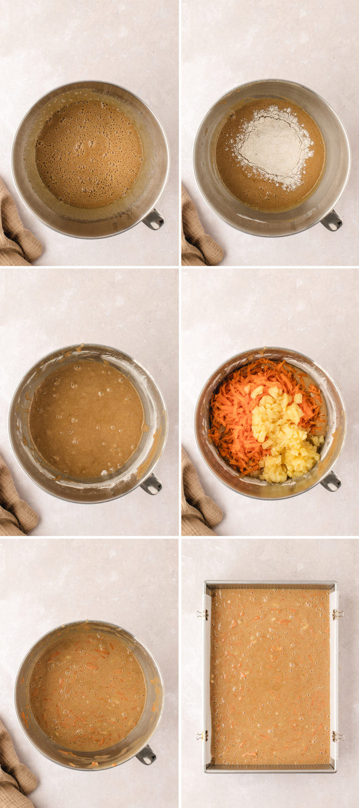 step by step photos showing how to make the batter for a pineapple carrot cake