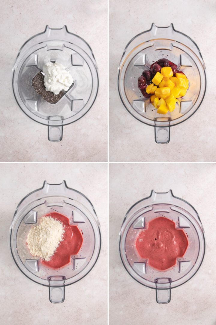 step by step photos showing how to make a mango and cherry smoothie recipe