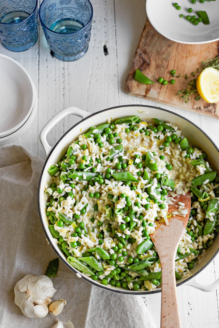 spring pea risotto in a pan