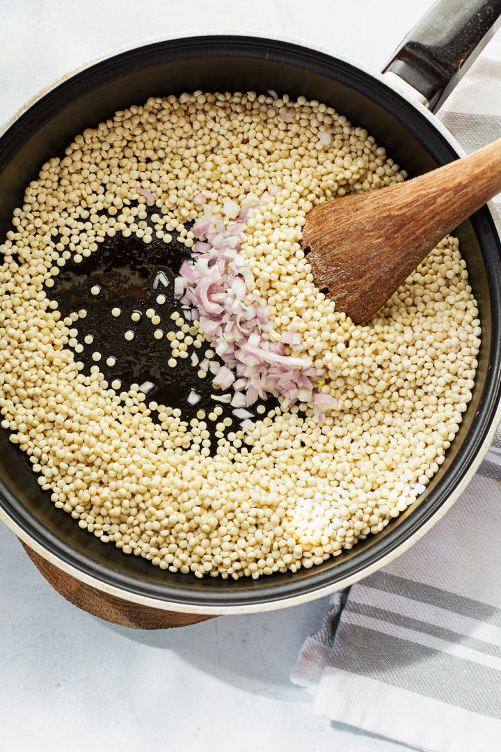 how to make pearl couscous salad: step 2 - add the shallots