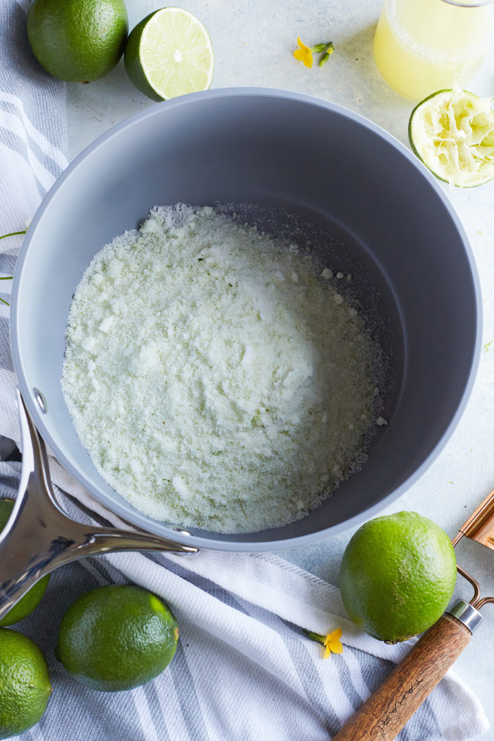making lime curd in a saucepan