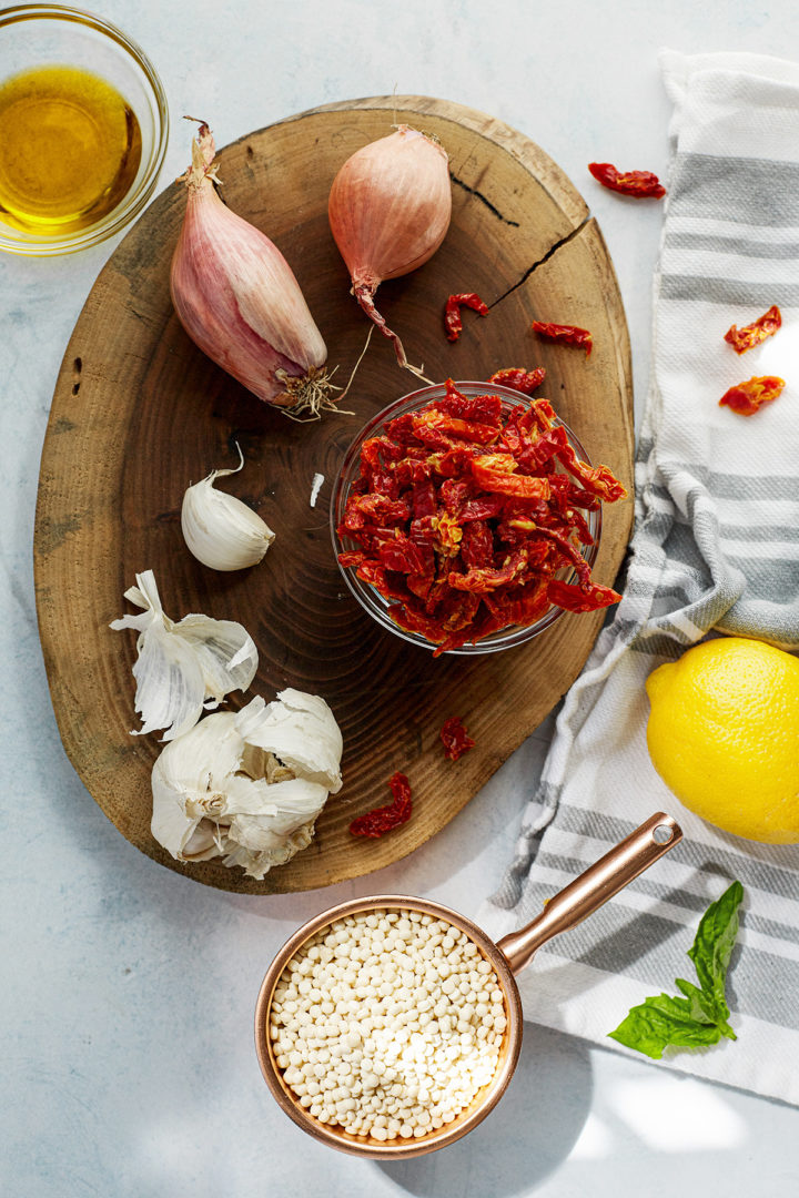 ingredients needed to make Pearl Couscous Salad with Sun-Dried Tomatoes