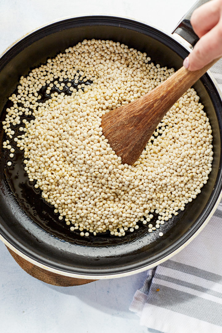 how to make pearl couscous salad: step 1 - toast the couscous