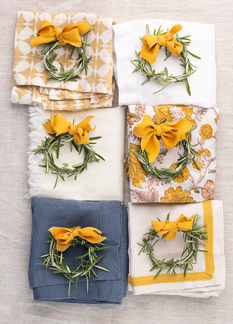 rosemary wreath place cards with cloth napkins