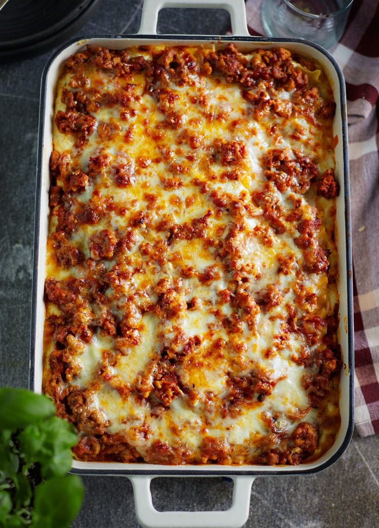 ground turkey italian sausage lasagna in a baking pan