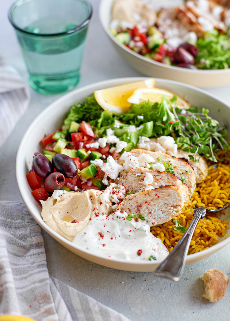 Greek chicken bowl with toppings