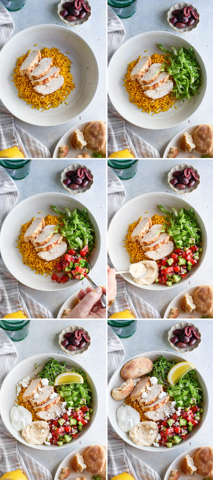 Step-by-step collage showing the components of a tzatziki bowl being assembled: cooking rice, chopping vegetables, grilling chicken, and layering ingredients into a bowl.