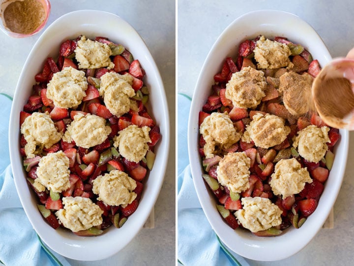 Two-step process image showing a white baking dish filled with raw strawberries, rhubarb, and unbaked biscuit topping. The right panel shows cinnamon sugar being sprinkled over the biscuit dough before baking.