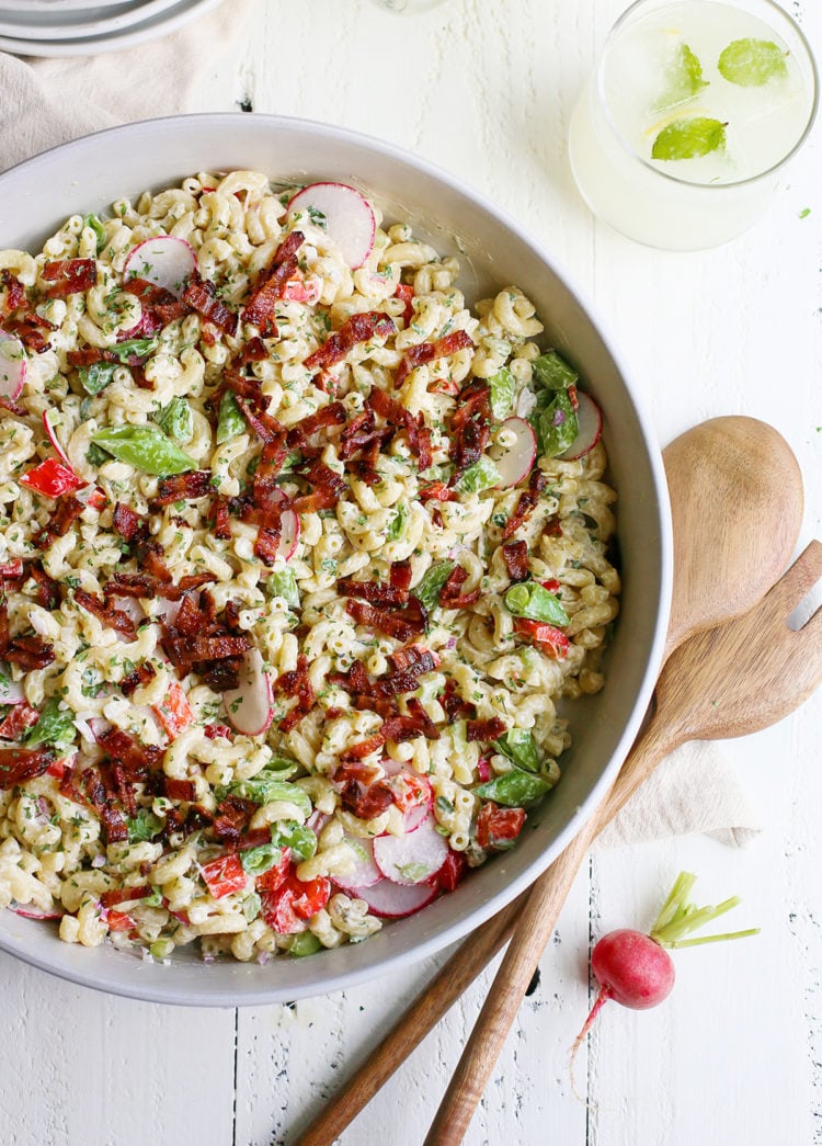 Bowl of Macaroni Salad topped with bacon