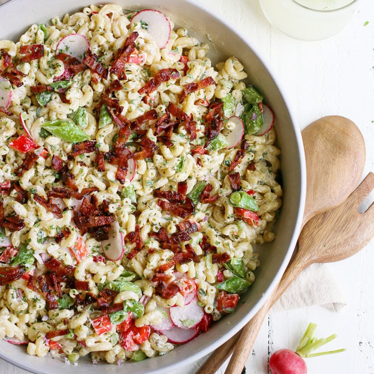 Bowl of Macaroni Salad topped with bacon