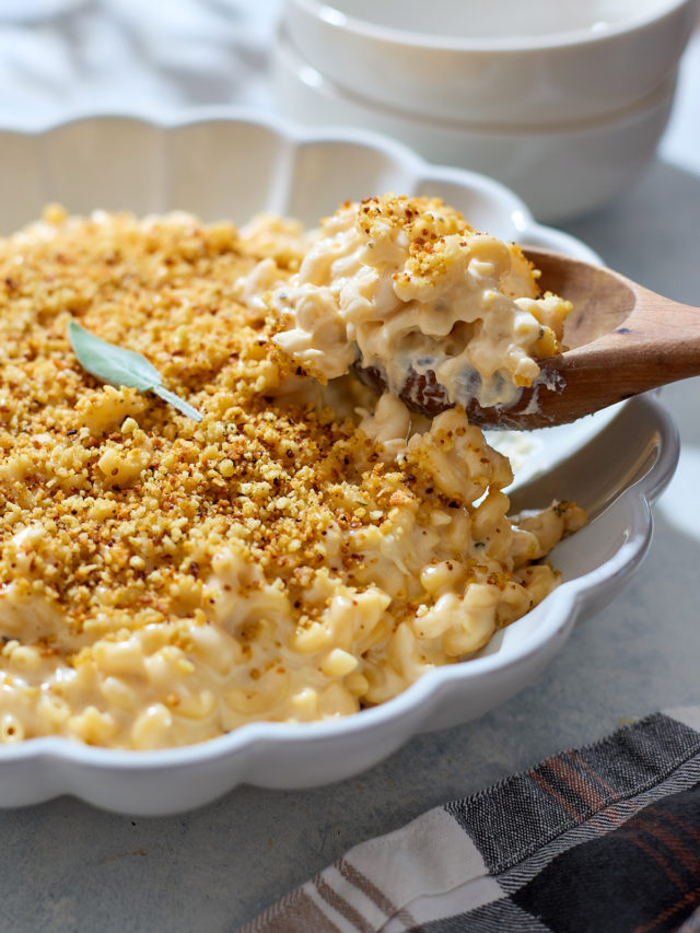 A close-up of three cheese mac and cheese in a white scalloped baking dish. A wooden spoon lifts a serving, showing creamy noodles coated in a thick cheese sauce beneath a golden breadcrumb topping. A single sage leaf sits on top of the crust, and soft natural light highlights the contrast between the crispy topping and the creamy interior.