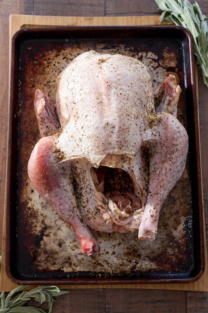 A brined spatchcock turkey, ready for smoking.