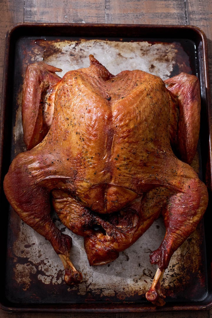 A brined turkey after being smoked.