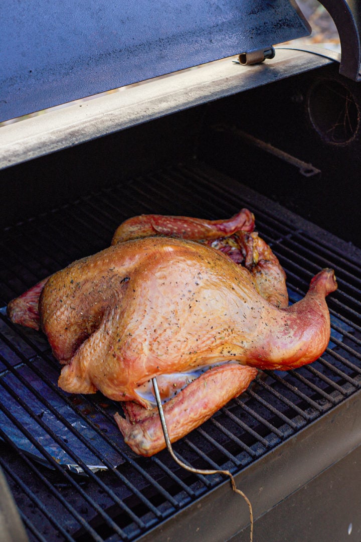 A spatchcock turkey smoking on a Traeger.